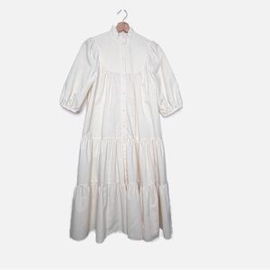 Vintage Dress Hawaii Ivory Button Front Tiered Puff Sleeve Midi Dress S/M EUC